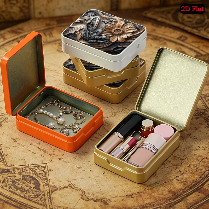 Wooden Frog Sculpture Theme Pocket Portable UV Printed Tin Box, Flip Top Custom Tinplate Box, Anti-rust Mini Metal Tin Box