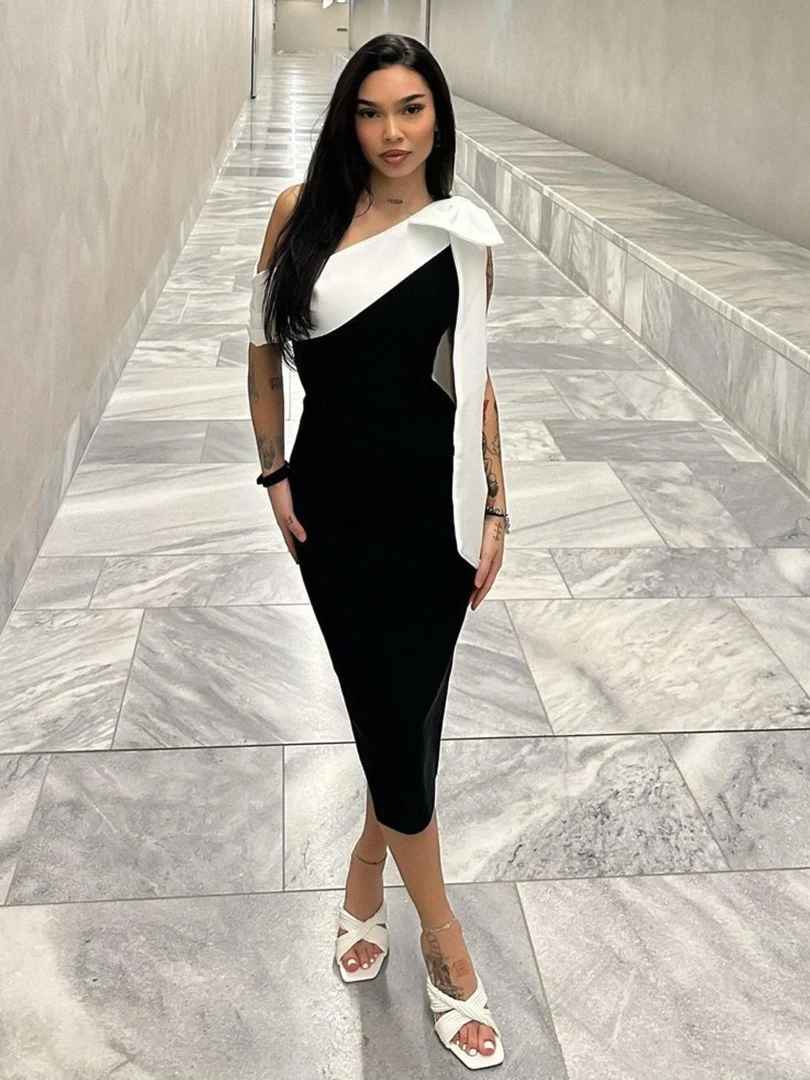 

Elegant Black White Wrap Dress Casual Single Shoulder Party Evening Gown Fashionable Stylish Mid-Length Knitted Dress