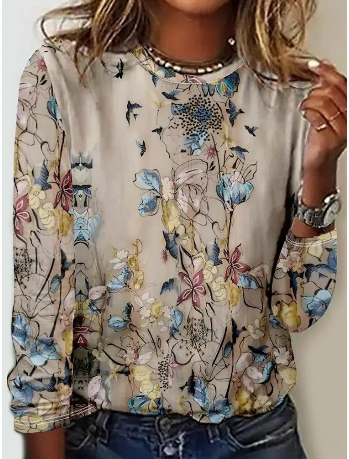 Fashion Women\'s Vintage Flower Graphic O-Neck Long Sleeve T-Shirt Casual Tops Womens Clothing Harajuku Female Clothing Pullover