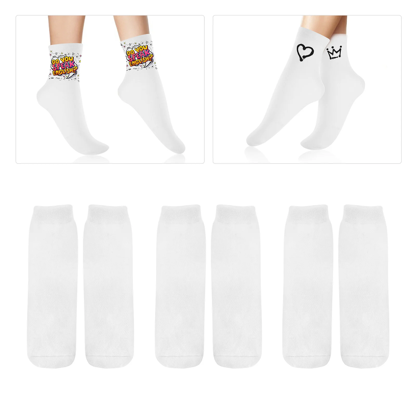 6 pares de calcetines de sublimación en blanco, tinte con estampado de tobillo, suministros de regalo con impresión de doble cara