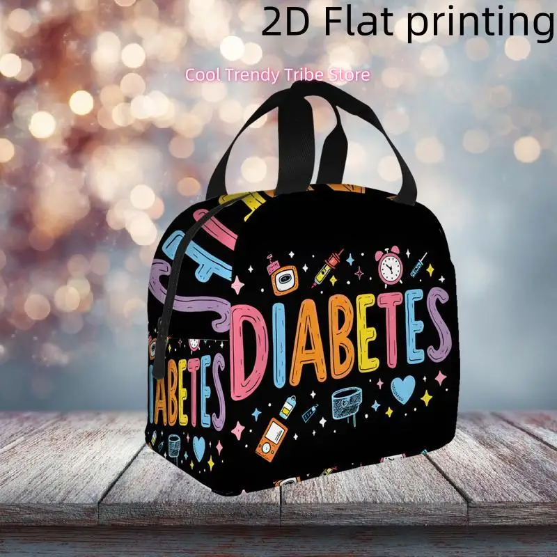 1pc, Vibrant "DIABETES" Text with Colorful Medical Icons on a Black Background Printed Insulated Cooler Bag - Reusable Portable view 5