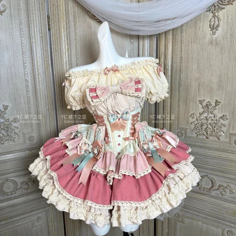 French Elegant Ballet Style Lolita Tube Top Dress Girls Women's Cute Bow Slim-Fit Birthday Dresses Lori Lo Cos Dress Tops Set