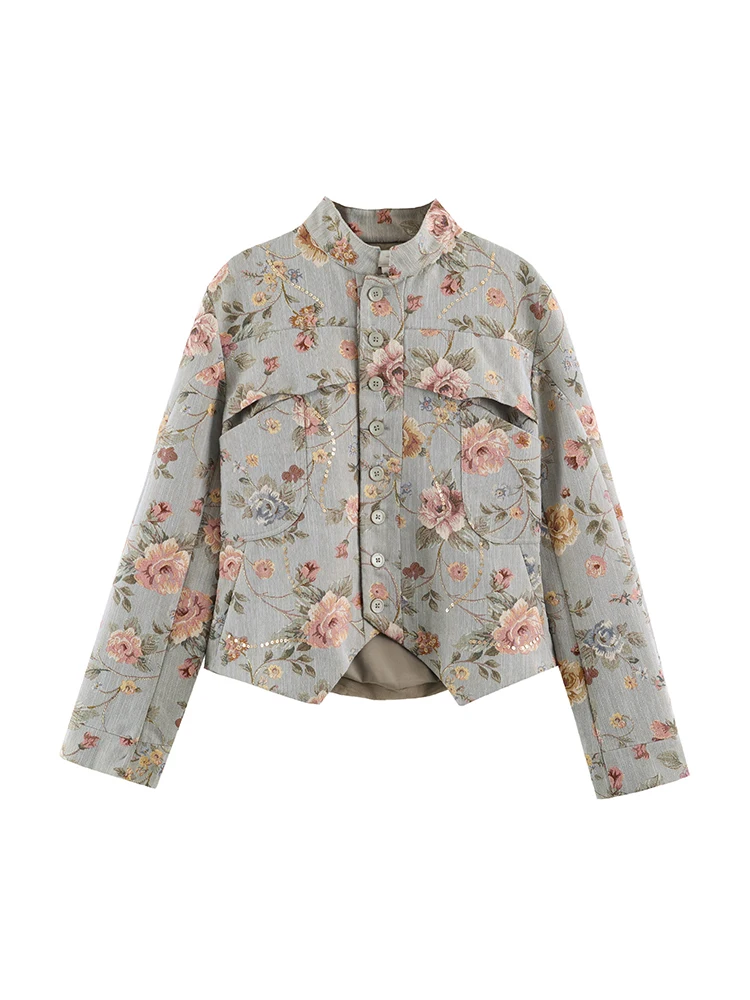 TFMLN New Women Glitter Sequins Blazer Fashion Long Sleeve Vintage Print Stand Collar Neck Street  Blazers Casual Slim Autumn