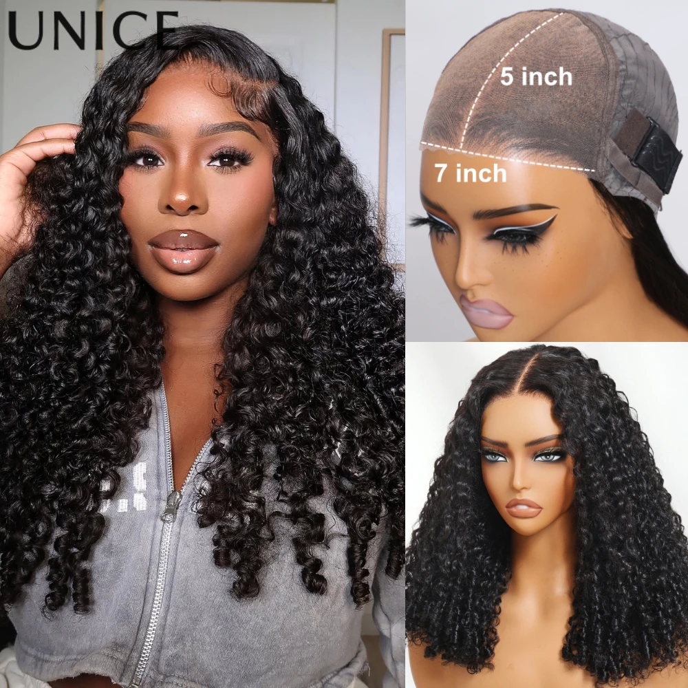 

UNICE Hair Curly Human Hair Wig With Spiral End 7x5 Pre Cut Pre Bleached Glueless Wigs Human Hair Ready To Wear 150% Density