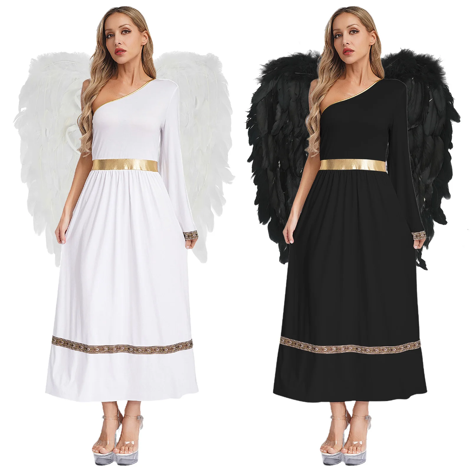 

Women Ancient Greek Toga Dress One Long Sleeve One Shoulder Roman Tunic Dress with Angel Wing Halloween Greece Queen Cosplay Set
