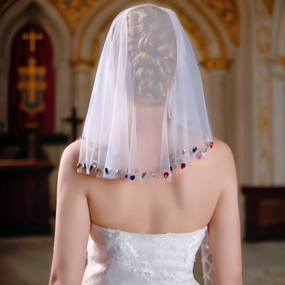 

Niche Luxury Colorful Rhinestone Bridal Blusher Veil with Bead Edge Wedding Veil for Wedding Accessories Women's Wedding Dresses