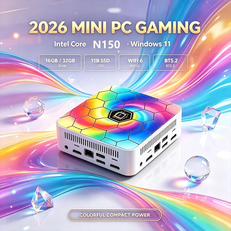 Intel Core N150 Mini PC 16GB RAM 2TB SSD Dual HDMI 4K Gigabit WiFi6 BT5.2 Windows 11 RGB Portable Gaming Desktop Computer