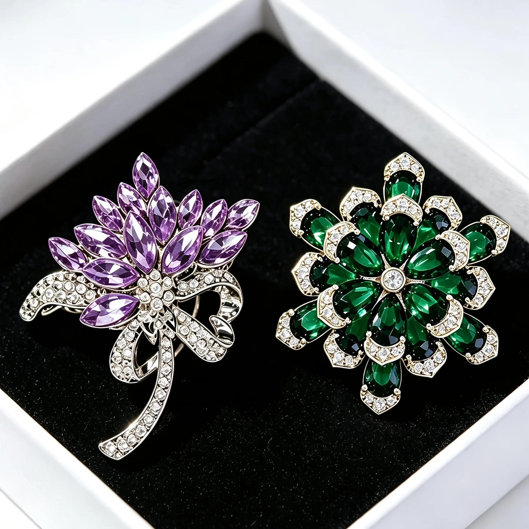 2Pcs Crystal Flower Brooch Set For Women Purple Green Rhinestone Brooches For Coat Scarf Dress Wedding Party Jewelry Gift