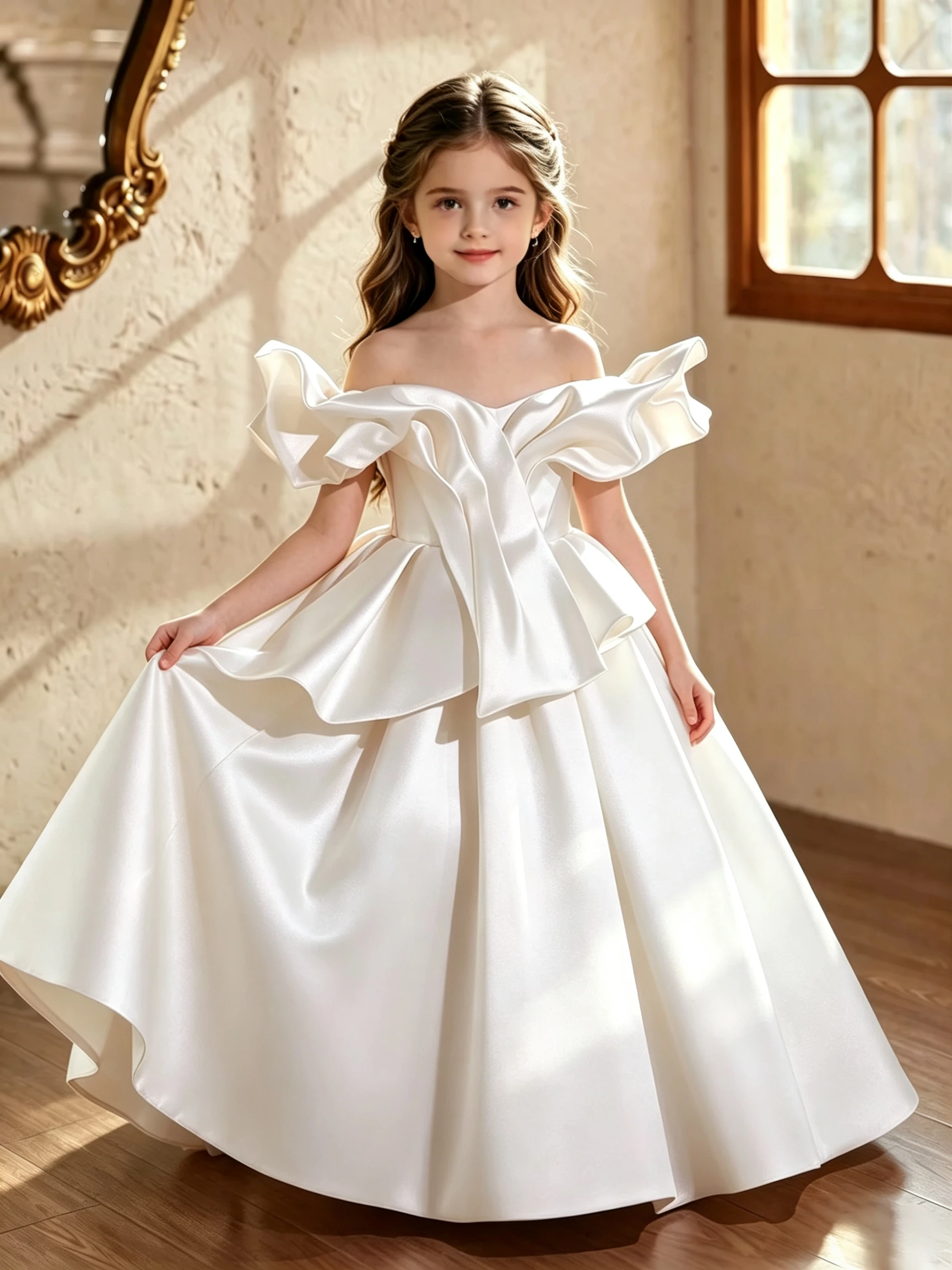 Luxury Satin Off-the-Shoulder Satin Flower Girl Dress  Ruffle Neckline Sleeves Pageant Dress Girls Birthday Wedding Gown