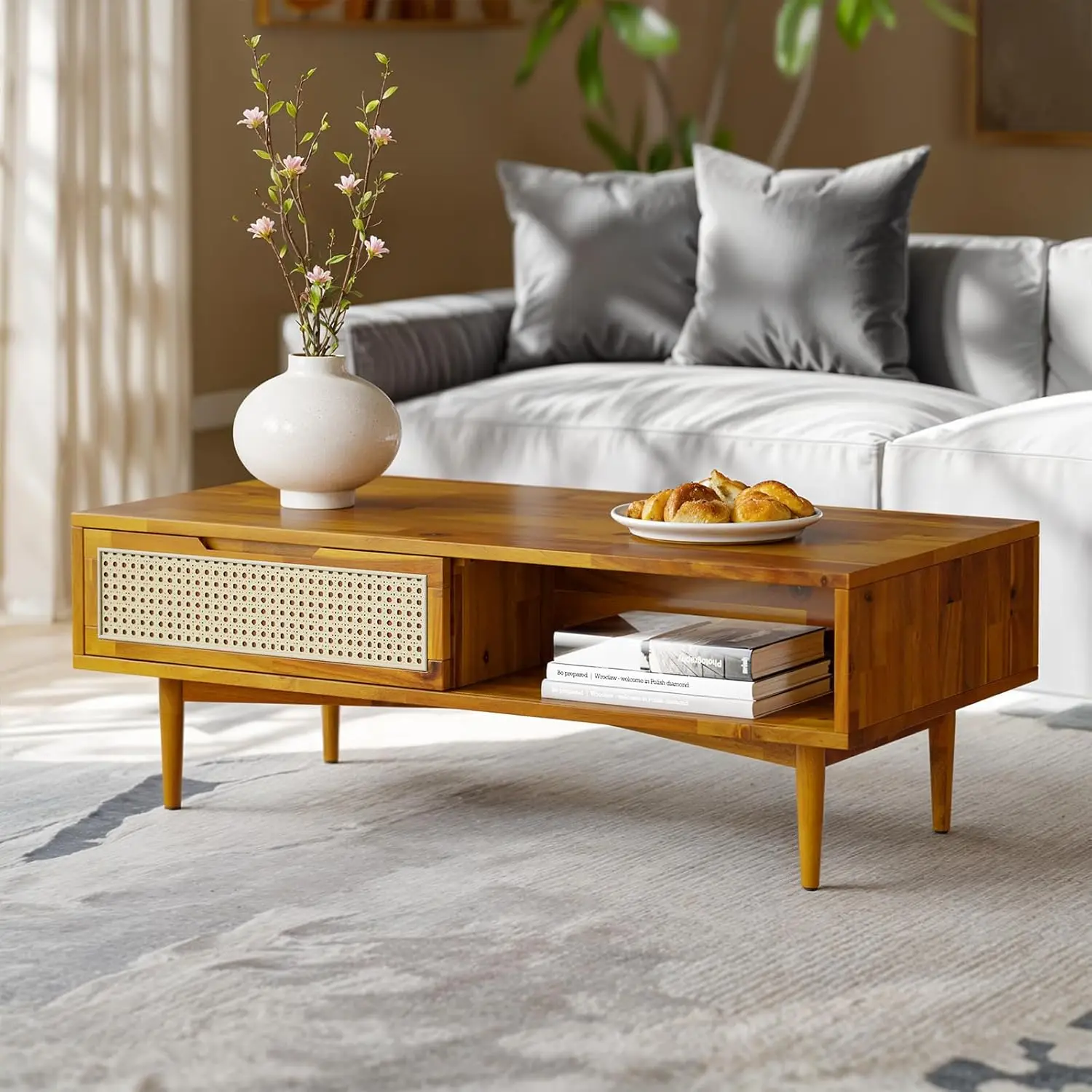 

Caramel Mid-Century Modern Coffee Table - Side Table with 2 Drawers, Open Compartments, Solid Wood Legs
