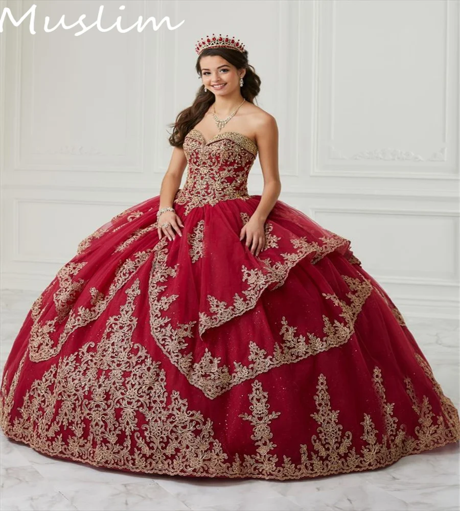 Princess Wine Red Quinceanera Dresses 2023 Luxury Sweetheart Gold Appliques Pageant Mexican Charro Xv Prom Gowns Sweet 15 Dress