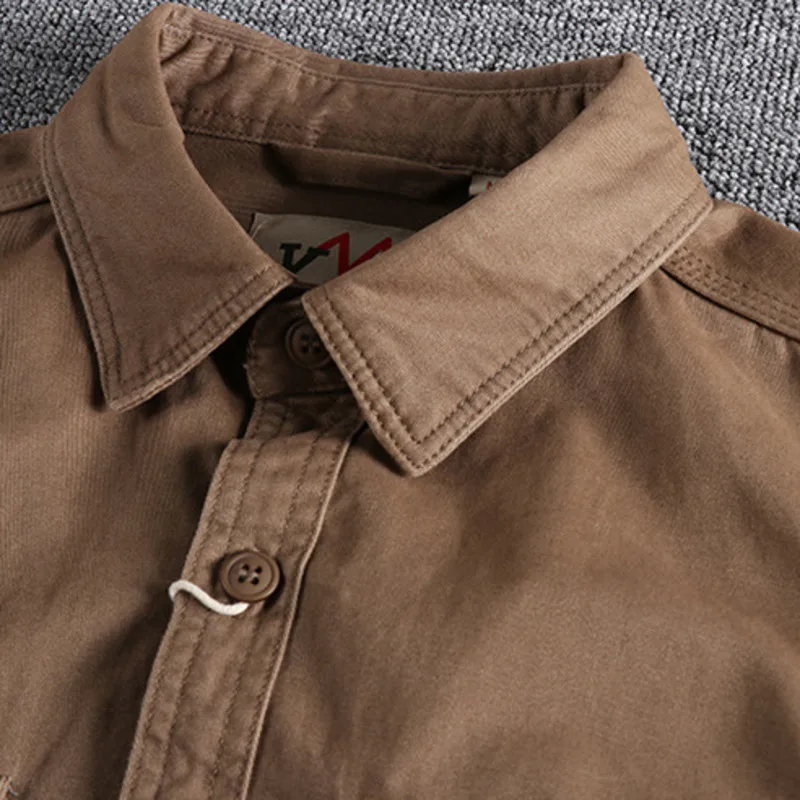 Amekaji Cargo Washed Shirt Men Long Sleeve Canvas Cotton Military Uniform Light Casual Work Safari Style Male Shirts Top Coats