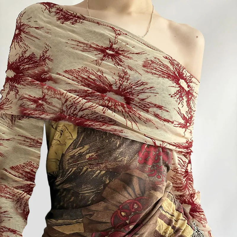 Printed Color Contrast Collar Mesh Splicing One Shoulder Slimming Long Sleeve T-shirt Top