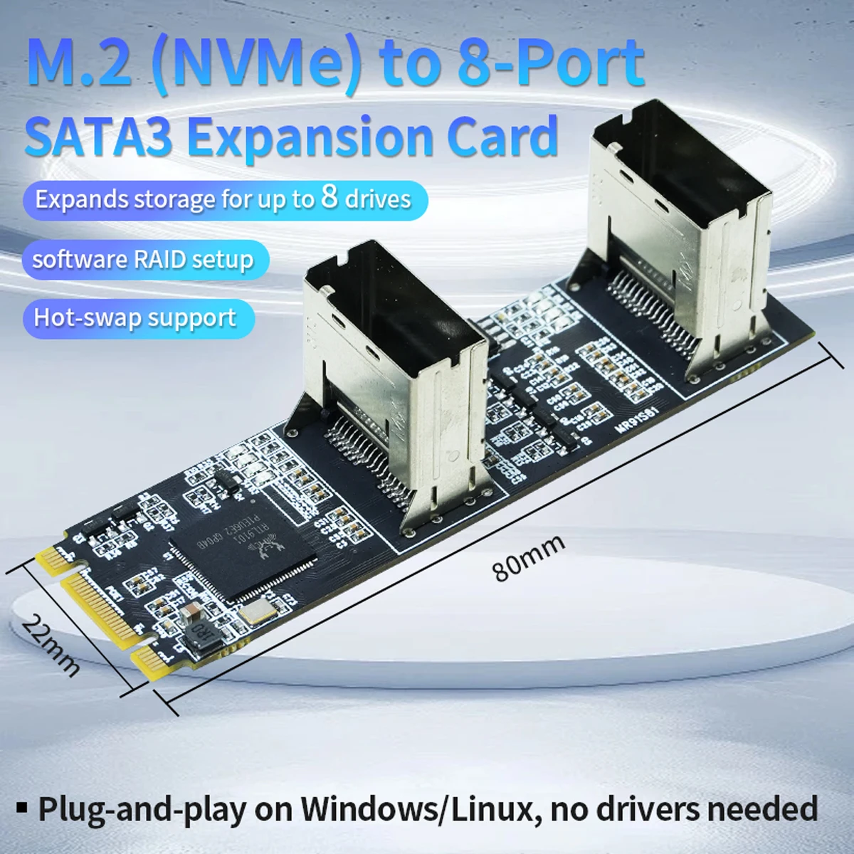 Carte d'extension M.2 PCIe 3.0 x2 vers SATA, 8 ports, adaptateur SATA 6 Gb/s, échange à chaud NCQ pour disque dur 2.5/3.5 pouces/SSD, Compatible Windows/Linux