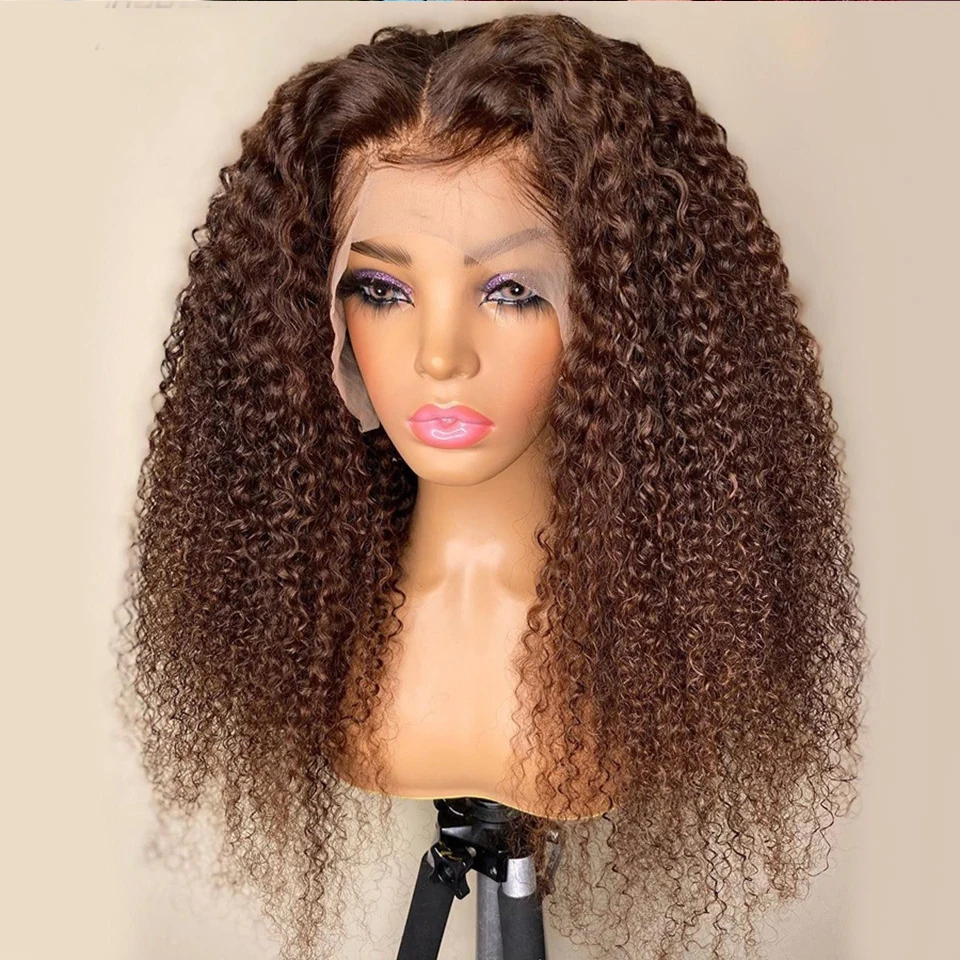 Parte profunda longa peruca dianteira do laço encaracolado para mulheres africanas, cabelo do bebê Kinky, pré-arrancadas, sem cola, macio, marrom, 26 ", 180 Densidade