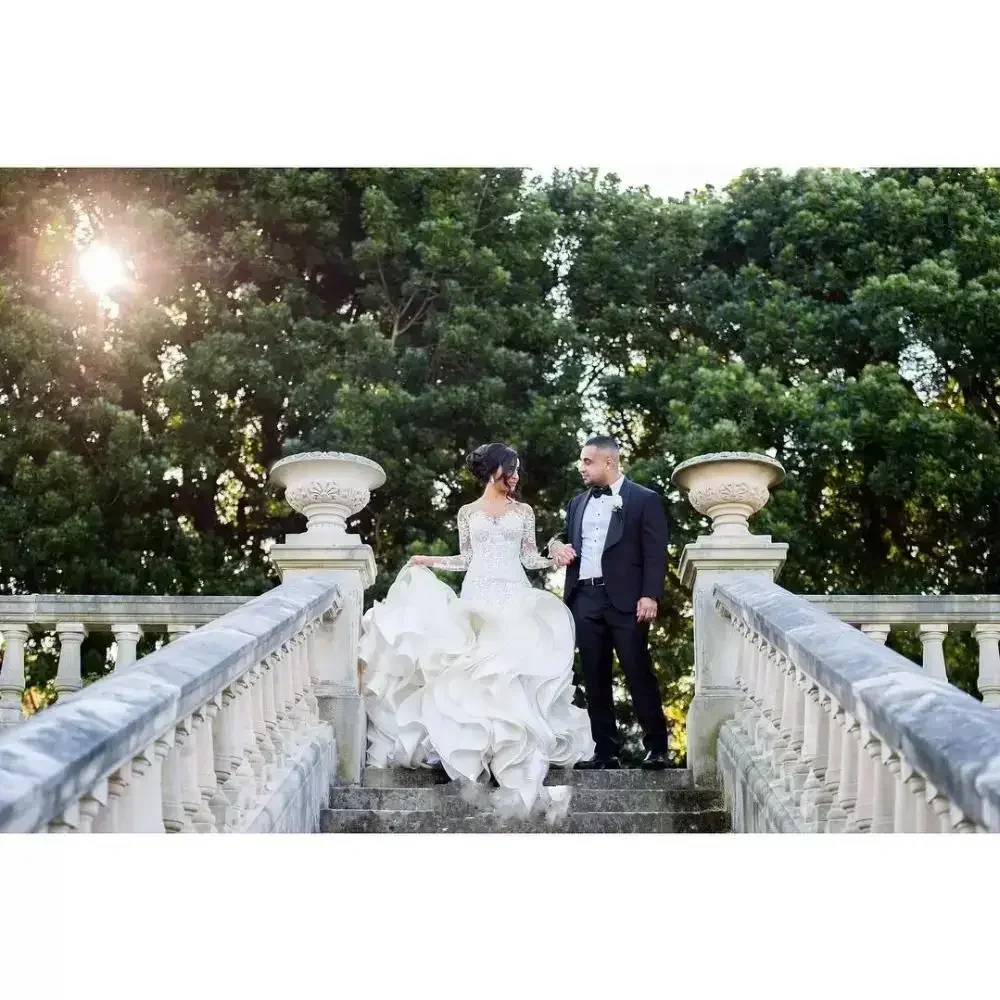 تخصيص زائد حجم أزياء حورية البحر فستان الزفاف وصول الدانتيل كم طويل مسلم رومانسية يزين الكشكشة G #5