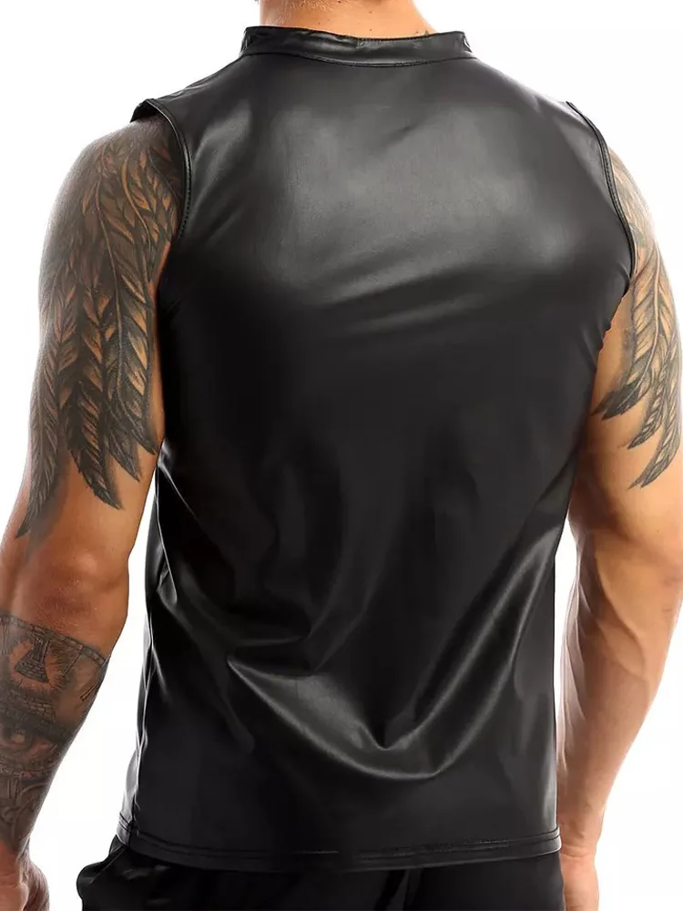 New Men Shiny Faux PU Leather Tank Top Sleeveless T Shirt Wet Look PVC Tshirt Tights Sexy Bodybuilding Hot Shapers Muscle Tops