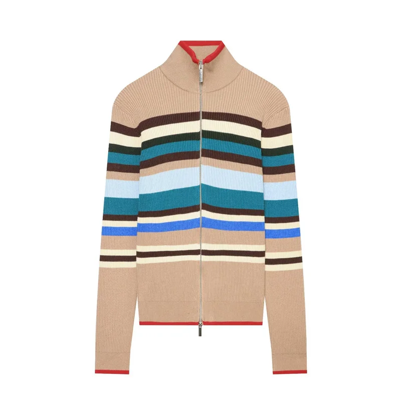 Women Striped Zip Up Cardigan Mock Neck Ribbed Knitwear Vintage Colorblock Sweater Slim Fit Long Sleeve Autumn Jacket Top