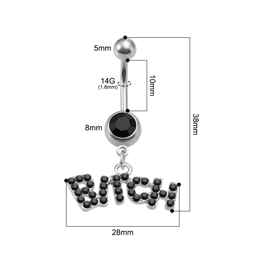 1pc Dangling CZ Belly Button Rings with Cute and Sexy Letters for Women Surgical Steel Bar Navel Piercings Stud Body Jewelry