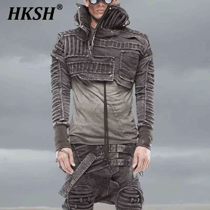 HKSH Spring New Men Tide Dark Punk Waste Land Pleated Future Heavy Washed Retro Short Jacket Techwear Niche Hooded Coats HK4274