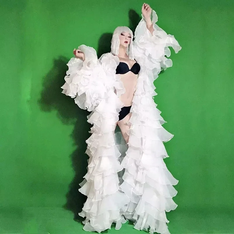 Femmes chanteur scène longue cape blanc Floral châle queue Long manteau Sexy Bar discothèque fête DJ danseur spectacle Performance Costume