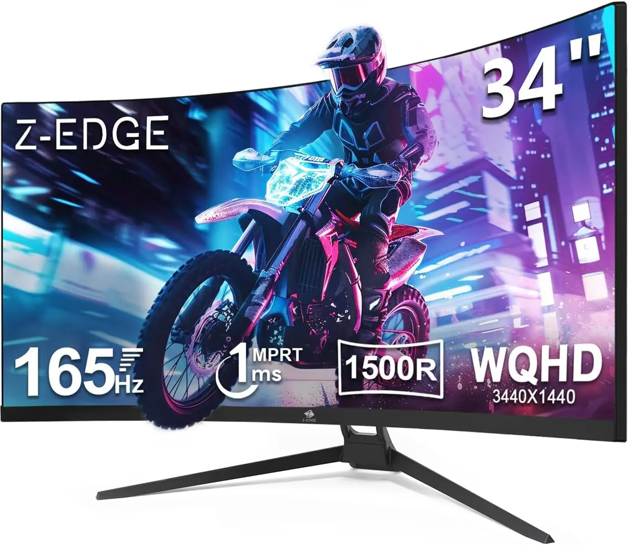 شاشة ألعاب منحنية Ultrawide 2K مقاس 34 بوصة مع معدل تحديث 165 هرتز، نسبة الارتفاع 21:9، 1 مللي ثانية MPRT، دقة 3440 × 1440، انحناء 1500R