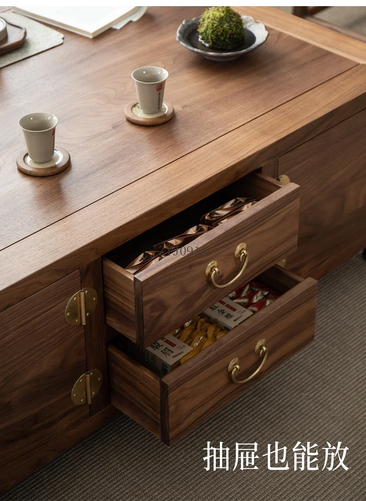 New Chinese solid wood coffee table black walnut living room home coffee table storage drawer rotatable