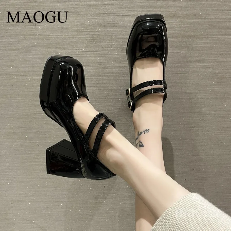 Glossy Women's Platform Mary Jane Heels Double Strap Square Toe Chunky Block Heel Pumps Lolita Shoes Large Size 35-44 Туфли