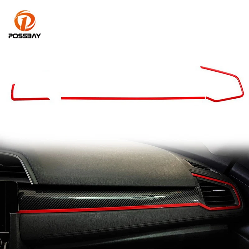 3Pcs/set Car Dashboard Frame Strip Red Trim Sticker Auto Interior Parts for Honda Civic 10th Gen 2016 2017 2018 2019 2020 2021