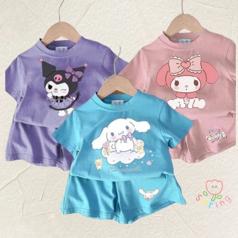 

Sanrio Kuromi Kids Cinnamoroll Cartoon T-shirt Top with Shorts Set Cute My Melody Girls Boys Summer Short Sleeved 2pcs Outfits