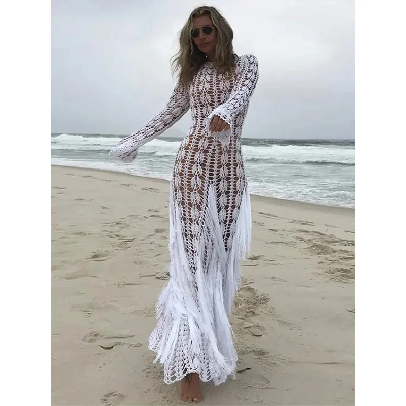 

Women chic hook flower hollow splicing tassel Maxi Dress Sexy Slim o neck long flare sleeve robe 2024 Lady Holiday Beach sundres