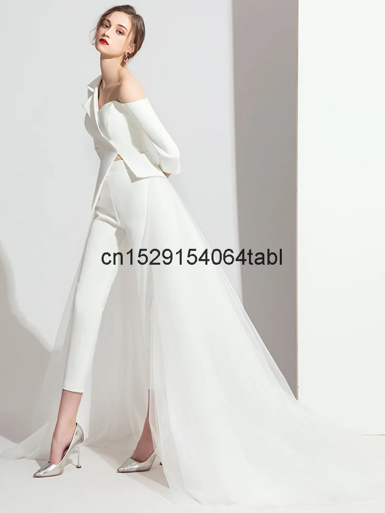 

Temperament Trousers Fashion Show Evening Host Dress Female Long Banquet Celebrity Evening Dress New Noble White Han Fu