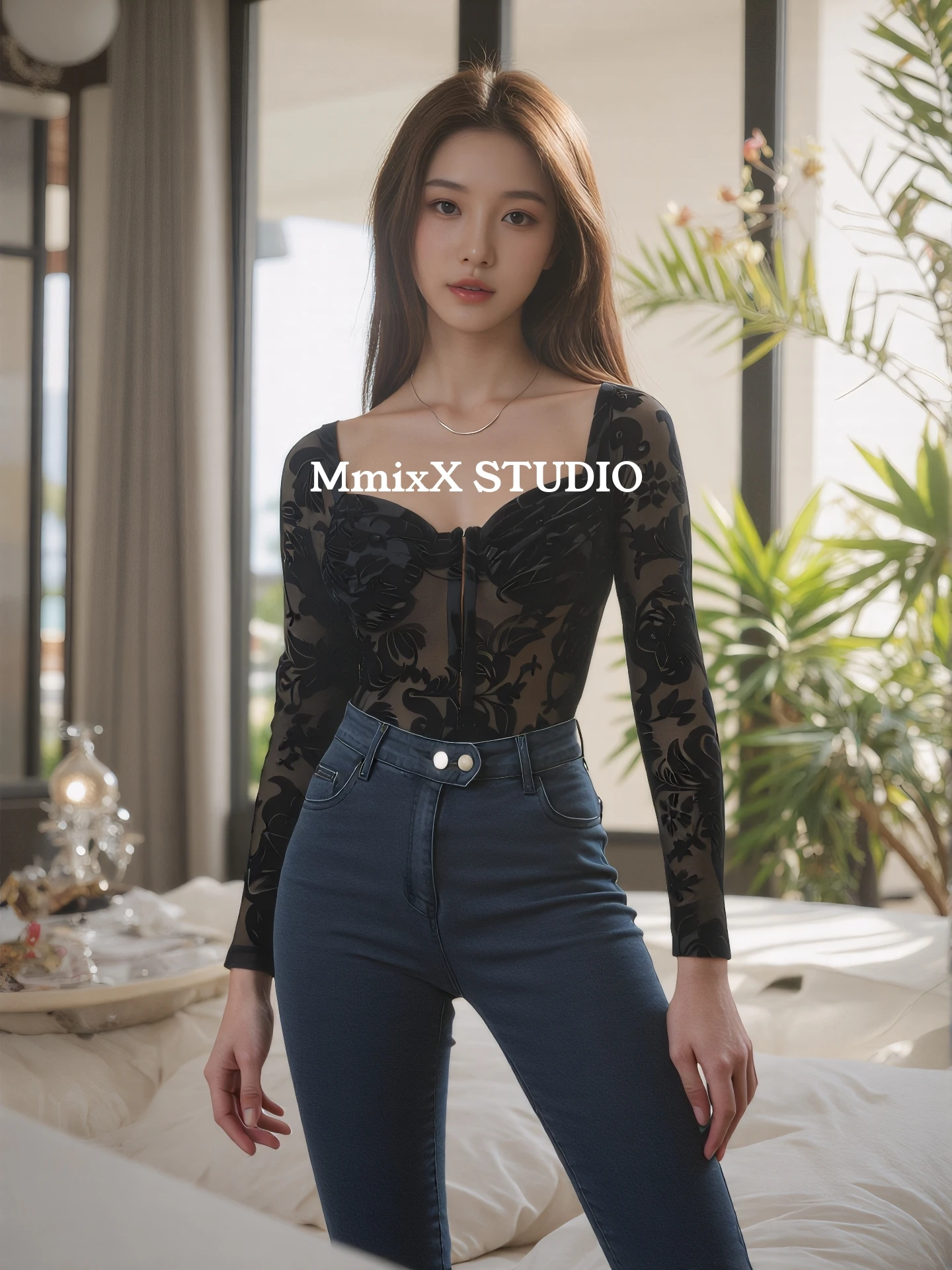 

Ele кружево с вырезами на крючках и цветочным принтом, тонкий костюм-бюстье на одно плечо, брюки с высокой талией, тонкий полиэстер