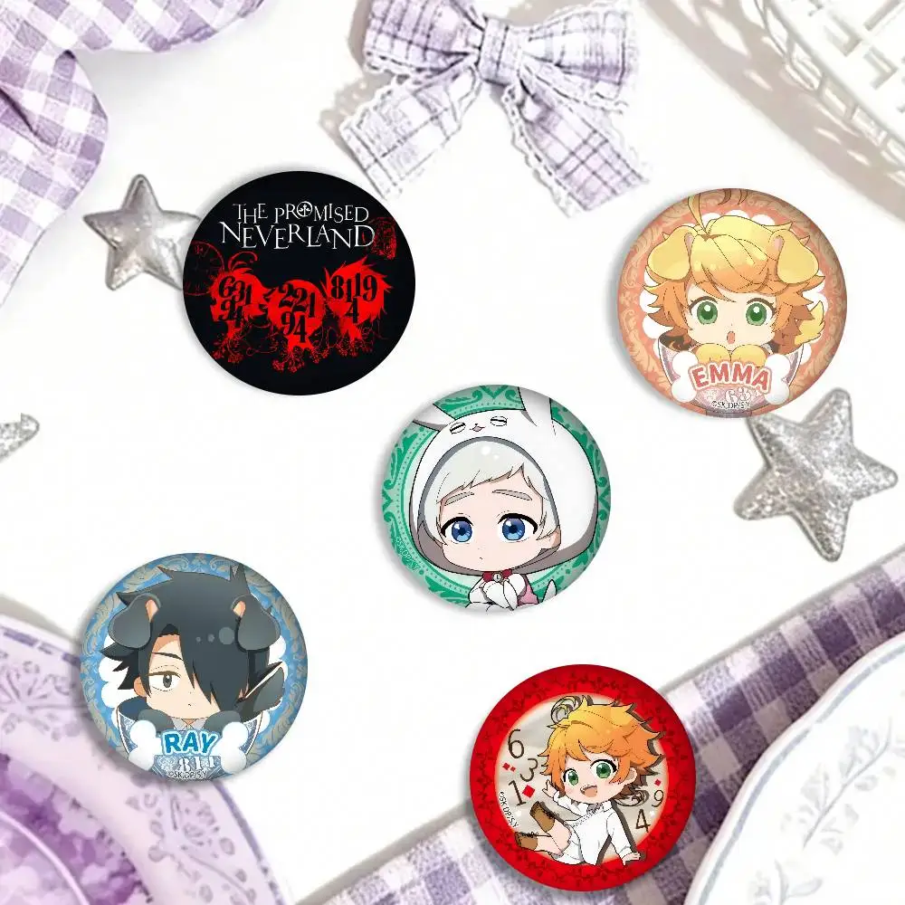 Classic Anime The Promised Neverland  Tinplate Pin Button Custom Anime Role Old-school Brooch Collar Badge Jewelry Gift Fans