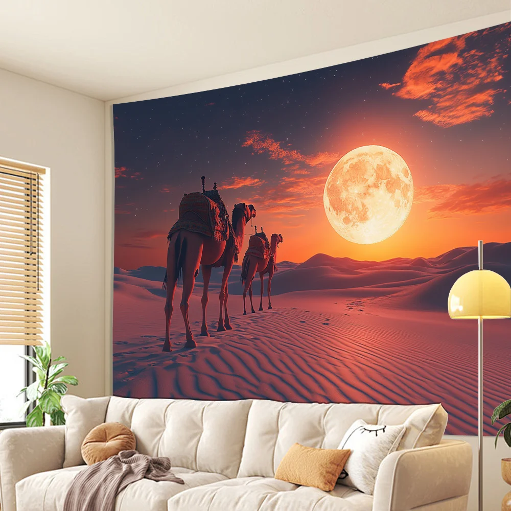 Desert Caravan Tapestry-Sunset Camel Wall Art, Golden Dunes with Full Moon, Bohemian Nation Bedroom Decoration