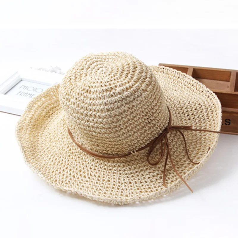 Fashion Crochet Womens Seaside Foldable Straw Weave Sun Straw Hat Wide Brim Real Straw Floppy Trilby Bow Summer Beach Sun Hat