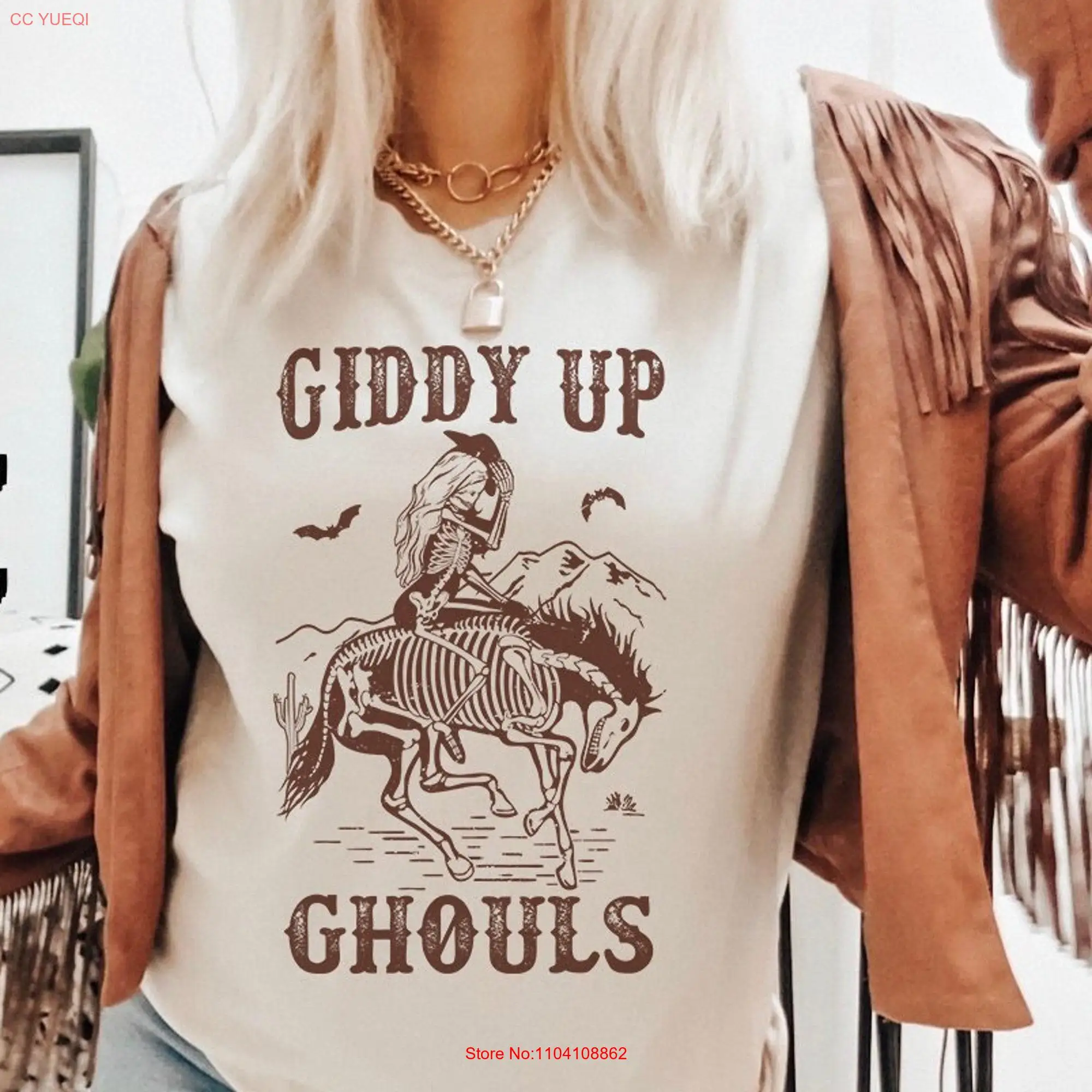 Giddy Up Ghouls Howdy T Shirt Cowboy Skeleton Halloween Cowgirl Yeehaw MidwesT DeserT Western long or short sleeves