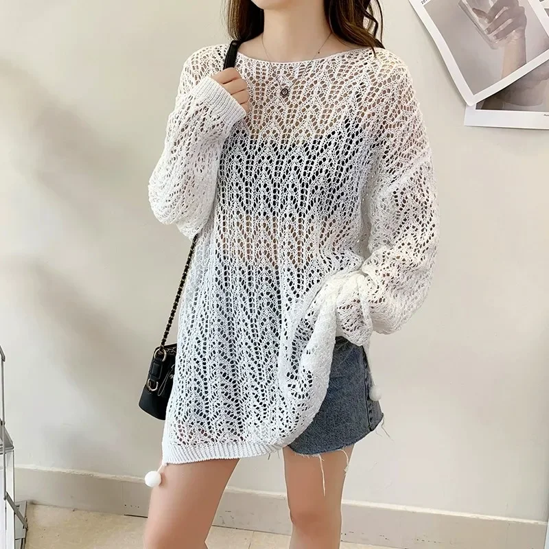 

Women's Crochet Top Long Sleeve Openwork Knit Pullover with Pompom Drawstring Bikini Cover Up Spring Summer Beach Outfit