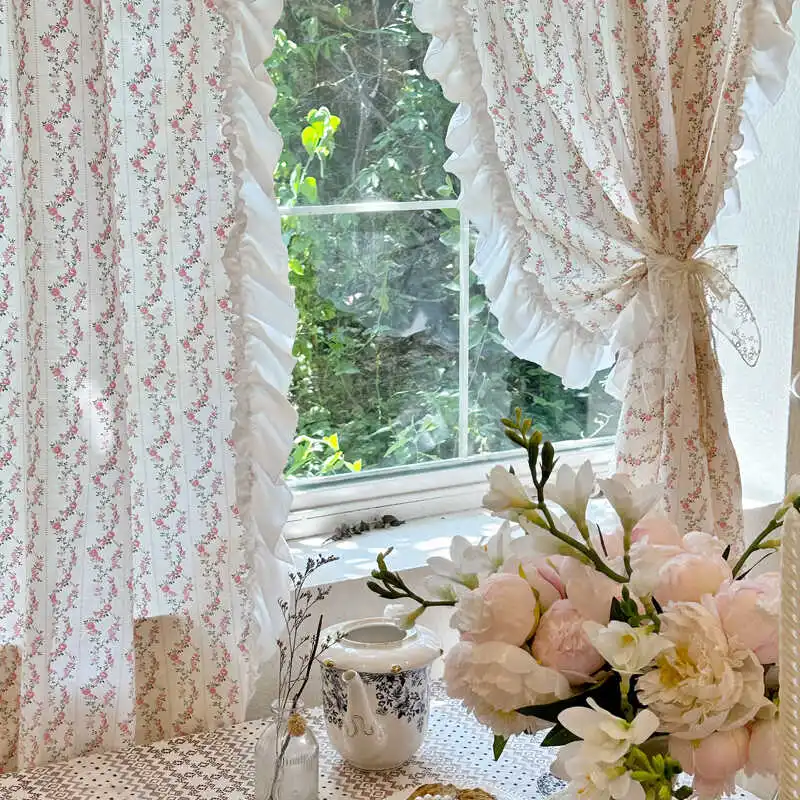 Printed Cotton Curtain Pastoral Floral Partition Half Curtain Blind Door Curtain French Style Fresh and Elegant Room Decoration