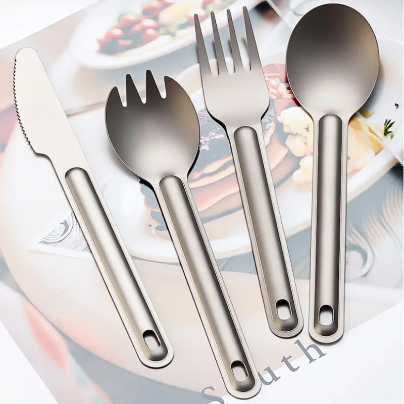 Portable Titanium Long Handle Tableware Set Durable Anti Scald Non Slip for Camping Hiking Picnic