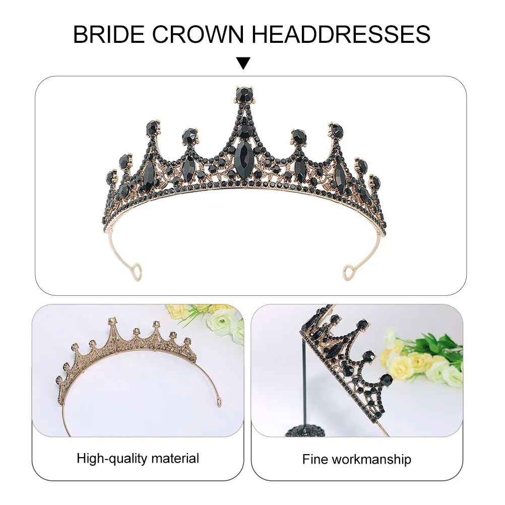 

1 pc Vintage Crown Headwear Black Baroque Tiara For Bride Elegant Hair Decoration Bridal Headdress Crystal Hair Prop Retro