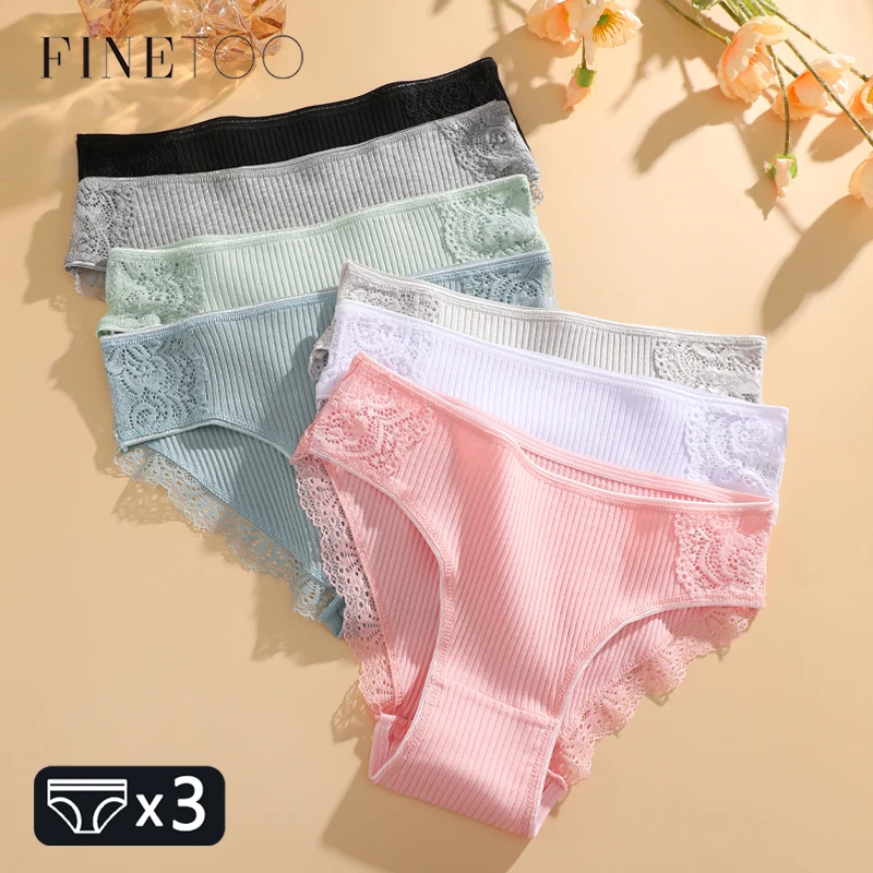 FINETOO 3Pcs/set Women Cotton Panties M-2XL Low-Rise Underwear Trendy Patchwork Lace Briefs Female Soft Underpants Lingerie 2022