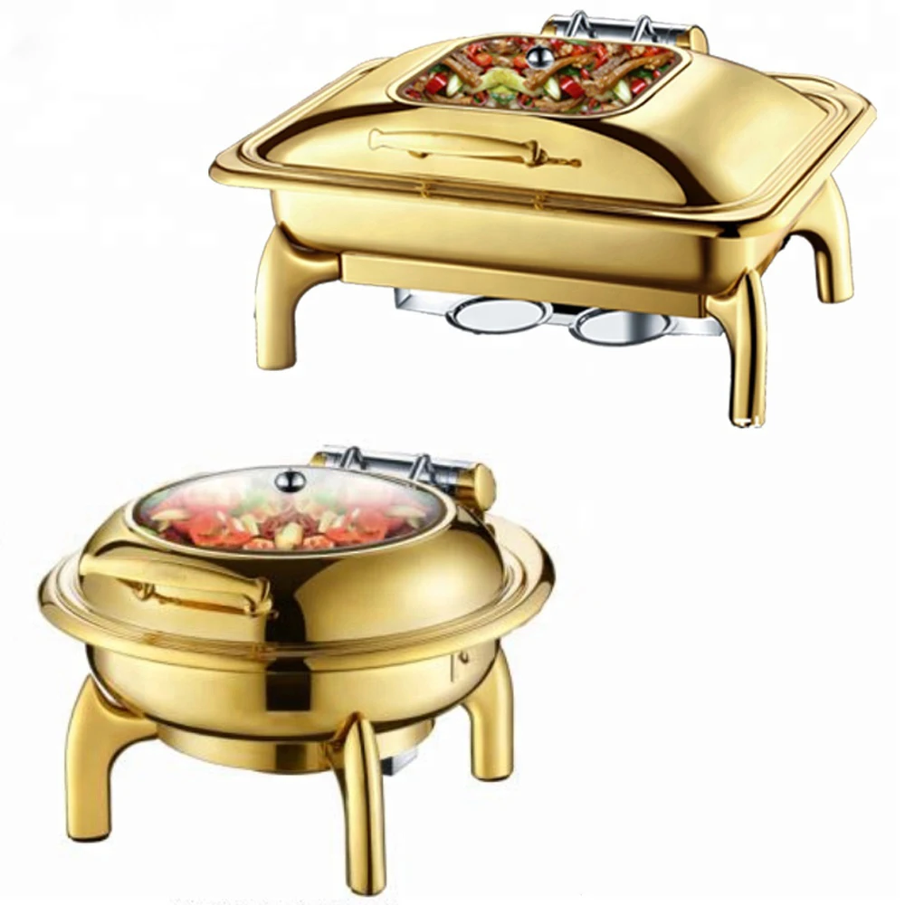 Catering Roll Top Chaffing Plated Food Warmer With Window Buffet Furnace Golden Color Brass 9l Shaffing Dish Gold Chafing Dish