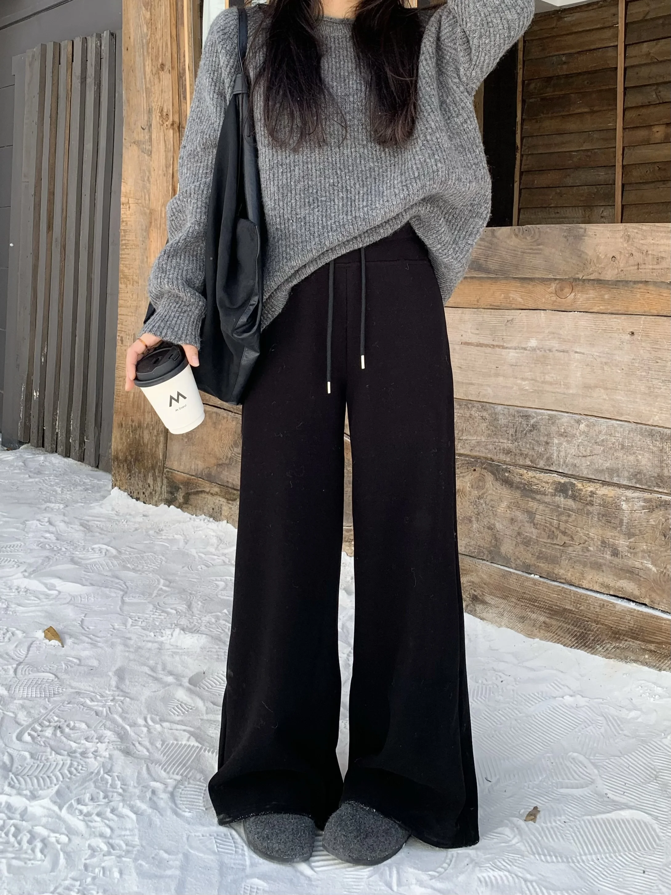 Fce 라인드 와이드 레그 팬츠 하이 웨이스트 스트링 요가 팬츠 다용도 스트레이트 컷 바지 여성용 슬리밍 효과