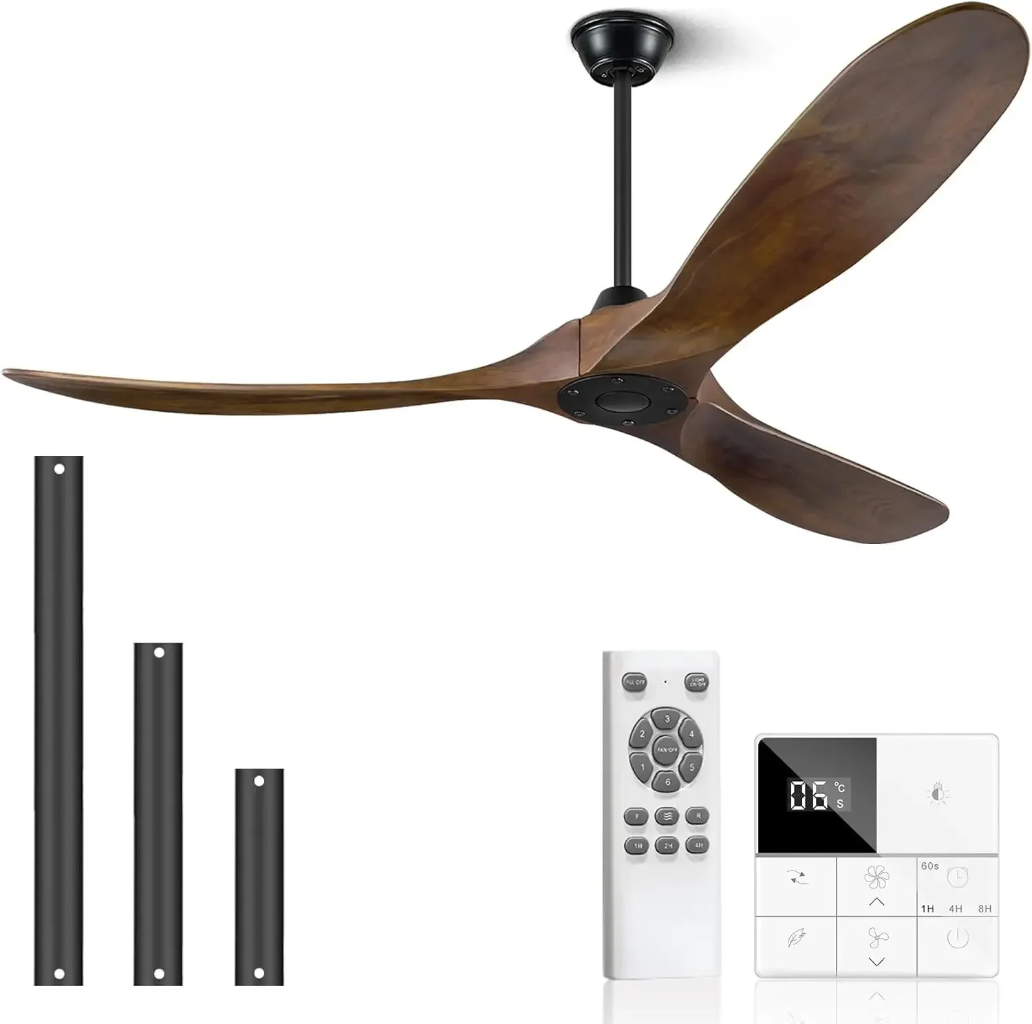 Ceiling Fan without Light, 60 Inch Wood Ceiling Fan no Light with Remote Wall Switch, Outdoor Ceiling Fan for Patio, Porch, Bedr