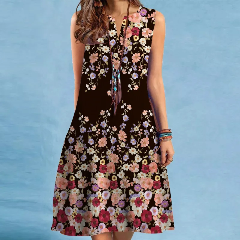 Minivestidos con estampado Floral y cuello en V para mujer, vestido informal sin mangas con estampado 3D de flores para calle, vestido holgado de talla grande 6XL