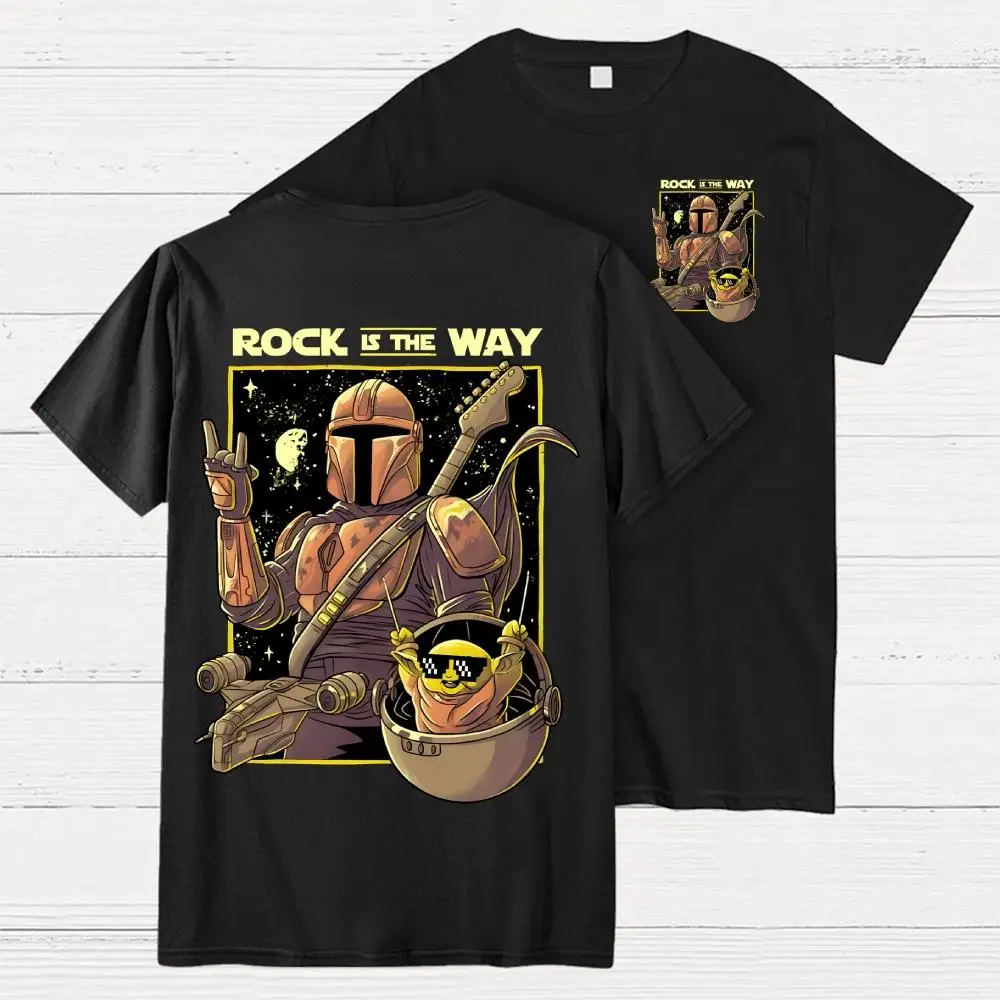 Sci Fi Armored Warrior with Guitar and Cute Alien Creature T-shirt, Printed Casual Round Neck Cotton Short Sleeved Shirt