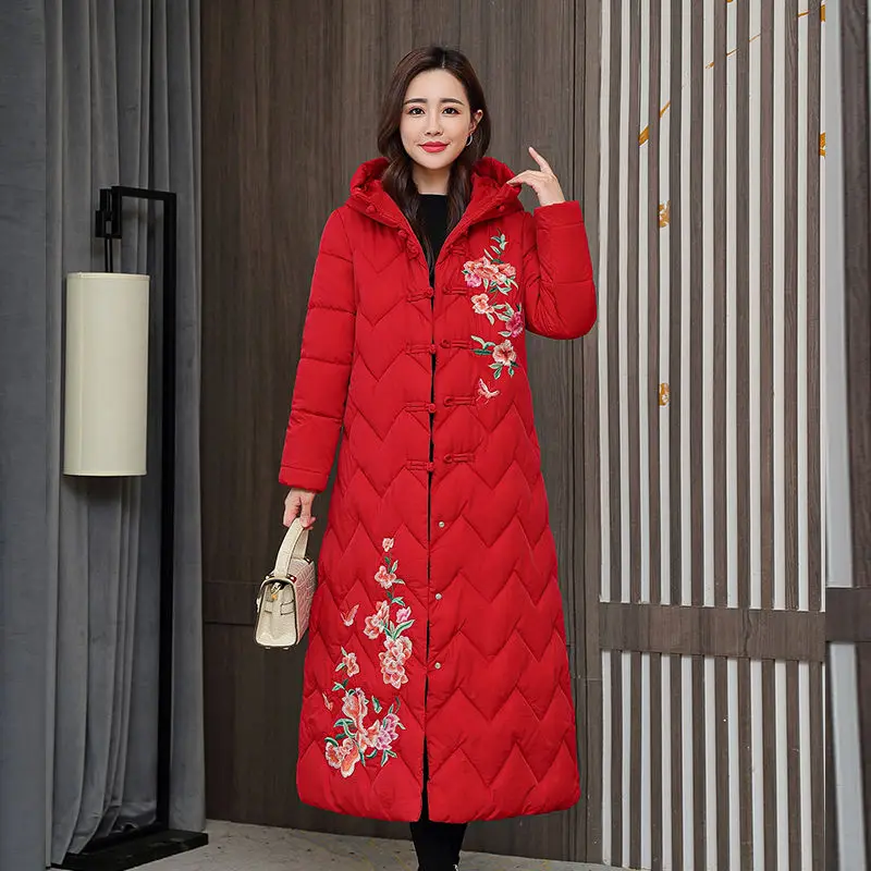 

Retro Button Cotton Jacket Women Winter Oversized Long Embroidery Thickened Parka Loose Fashion Snow Wear Coats Women Outwear