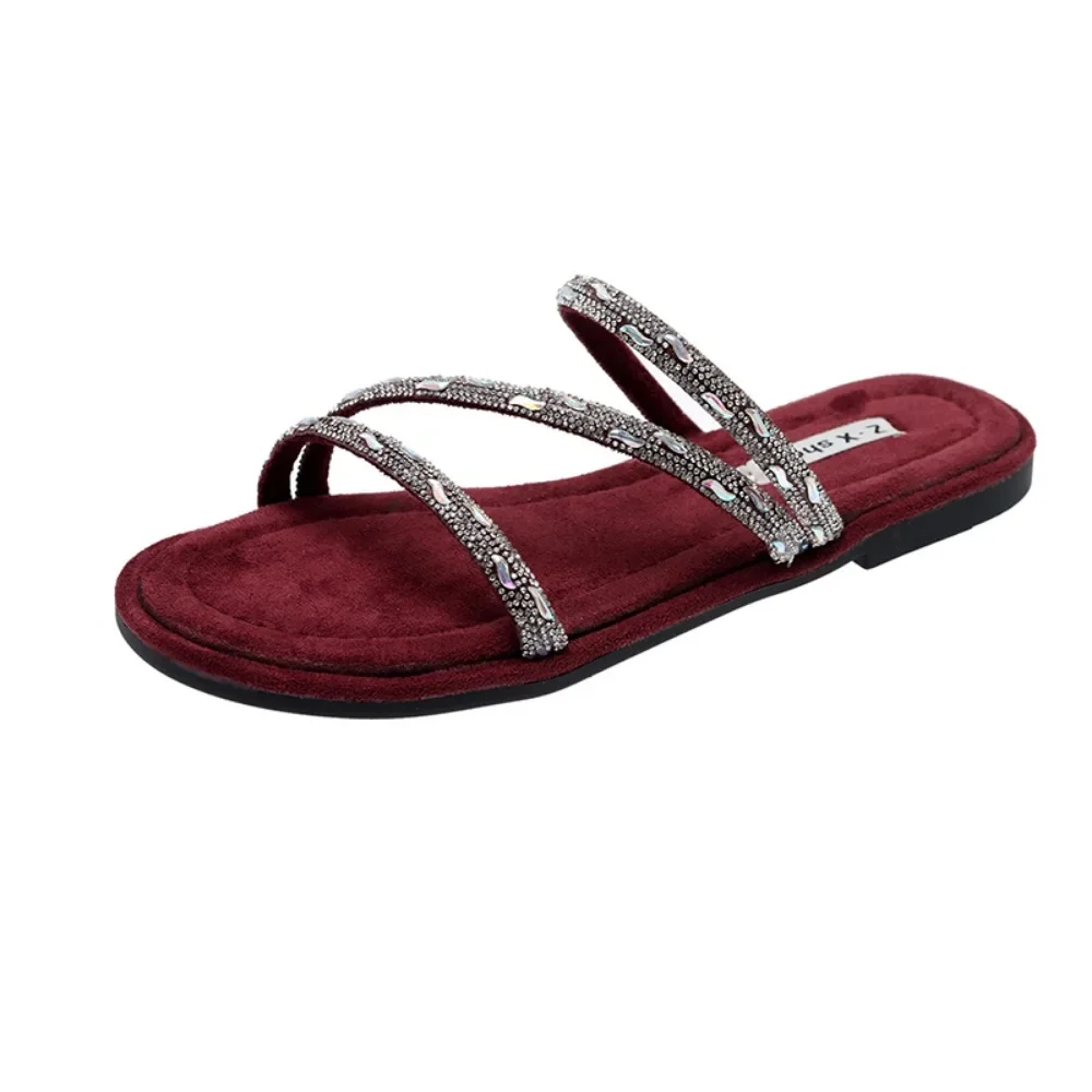 

Summer Designer Square Toe Women Slippers Fashion Rhinestone Narrow Band Flats Slides Outdoor Casual Office Lady Sandals