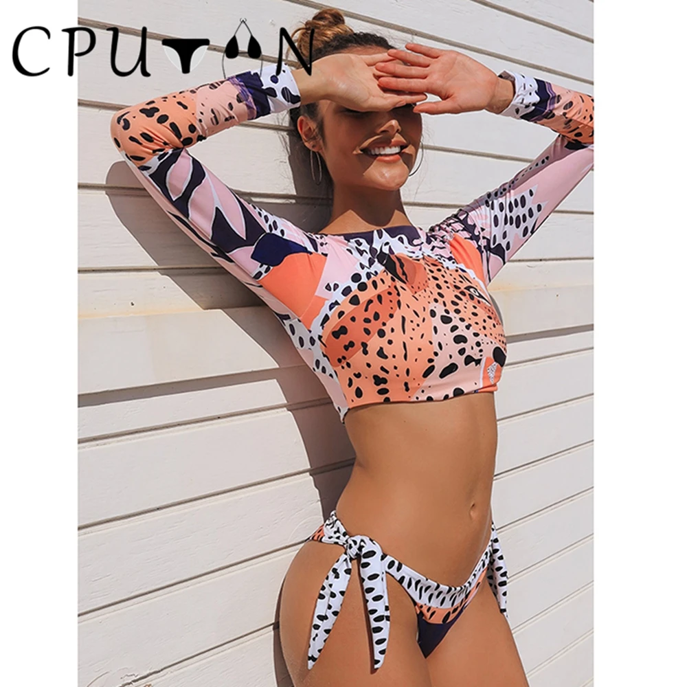 CPUTAN-Conjunto de bikini de dos piezas para mujer, Tankini de manga larga con estampado de leopardo, traje de baño Sexy para surfear, ropa de playa, 2024